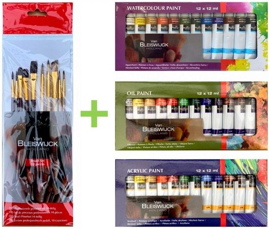 47-delig Hobbyverfpakket met bijhorende professionele 10-delige penselen set- verfset - 3 x 12 verschillende kleuren Acrylverf / Waterverf / Olieverf - hobby - kinderen - verven - schilderen - verf - water - acryl