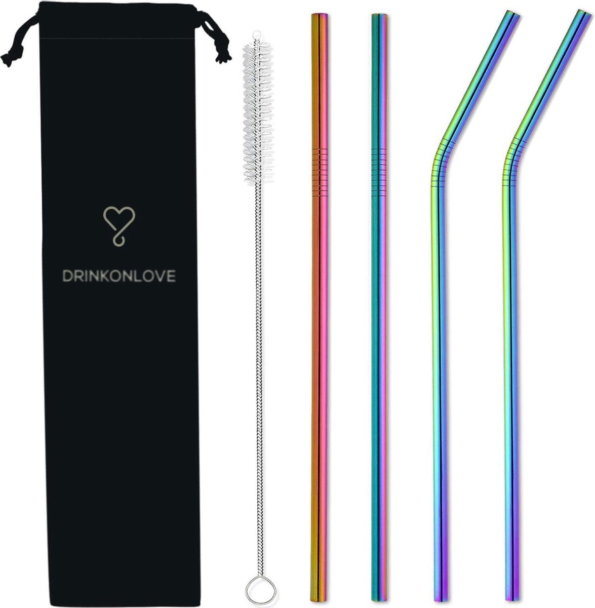 DRINKONLOVE - COMFY RAINBOW - Rietjes RVS - Regenboog - 21.5 cm - Set van 2 gebogen en 2 rechte rietjes met 4 siliconen mondstukjes en borsteltje