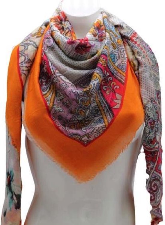 Sjaal Dames Vierkante Sjaal Oranje Gebloemd 10% Zijde