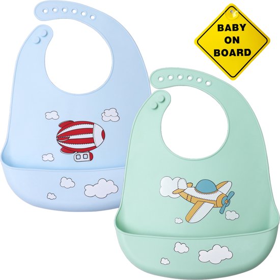 Flouer Siliconen Slabbetje Baby - 2 Stuks - Inclusief Baby on Board Sticker - Blauw en Groen - Sinterklaas Cadeautjes
