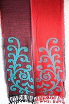1001musthaves.com Wollen sjaal met ingeweven patroon in rood oud roze-zwart gemêleerd en turkoois 50 x 180 cm