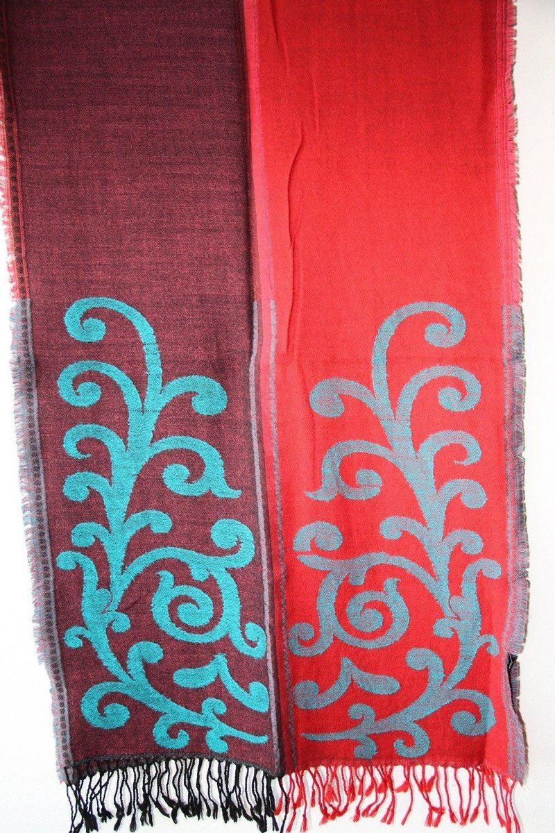 Rode wollen sjaal met ingeweven patroon in turkoois 50 x 180 cm
