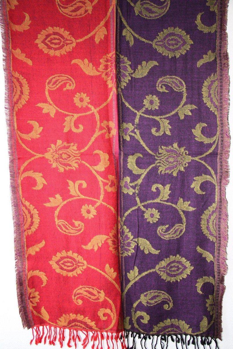 Donker paars met rood wollen sjaal met ingeweven patroon 50 x 180 cm