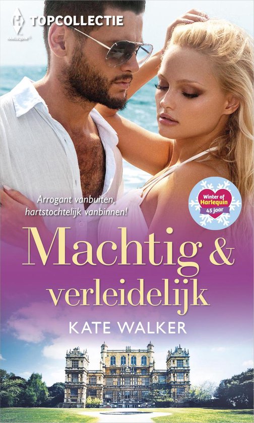 Romantische boekomslag met een koppel aan zee en een historisch landhuis onder de titel 'Machtig & verleidelijk'.