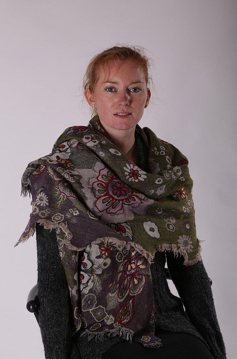 Legergroen met lila wollen dames sjaal met franje 70 x 180 cm