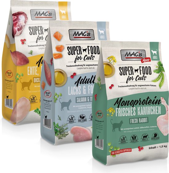 MAC’s Superfood Kattenvoer mixpakket 3 x 1,5 kg + Macs kattensnoepjes