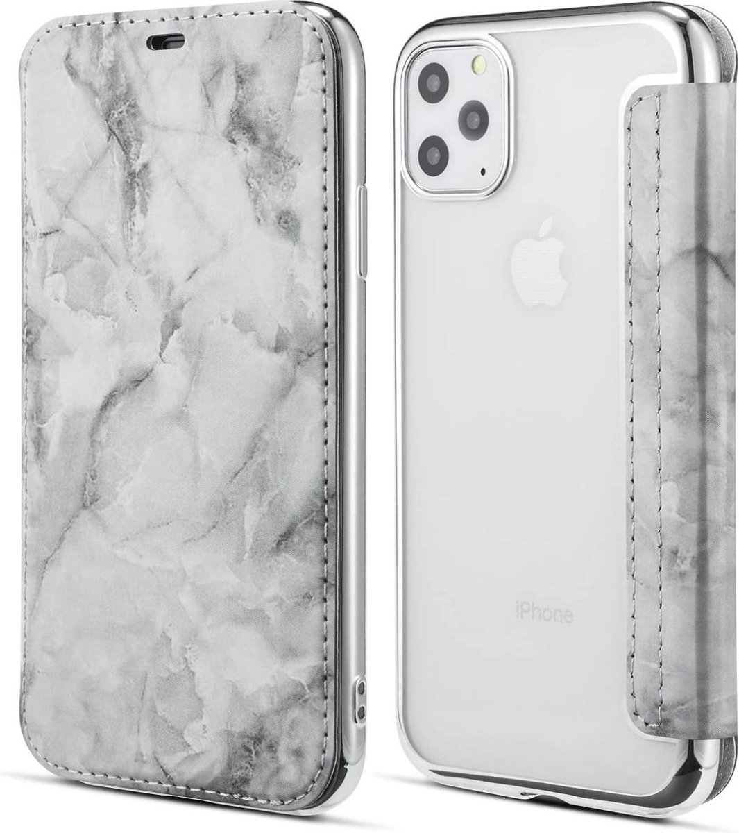 Geschikt voor Apple iPhone 11 Pro Flip cover - Zilver - Marmer - Folio