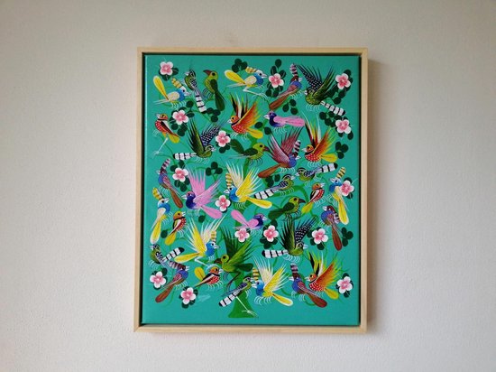 Wanddecoratie - Woonkamer - Babykamer - Beautiful Birds - Schilderij - Handgeschilderd - in houten baklijst - 50x40cm - Woonkamer Schilderij - Slaapkamer schilderij - Tanzania - vogel