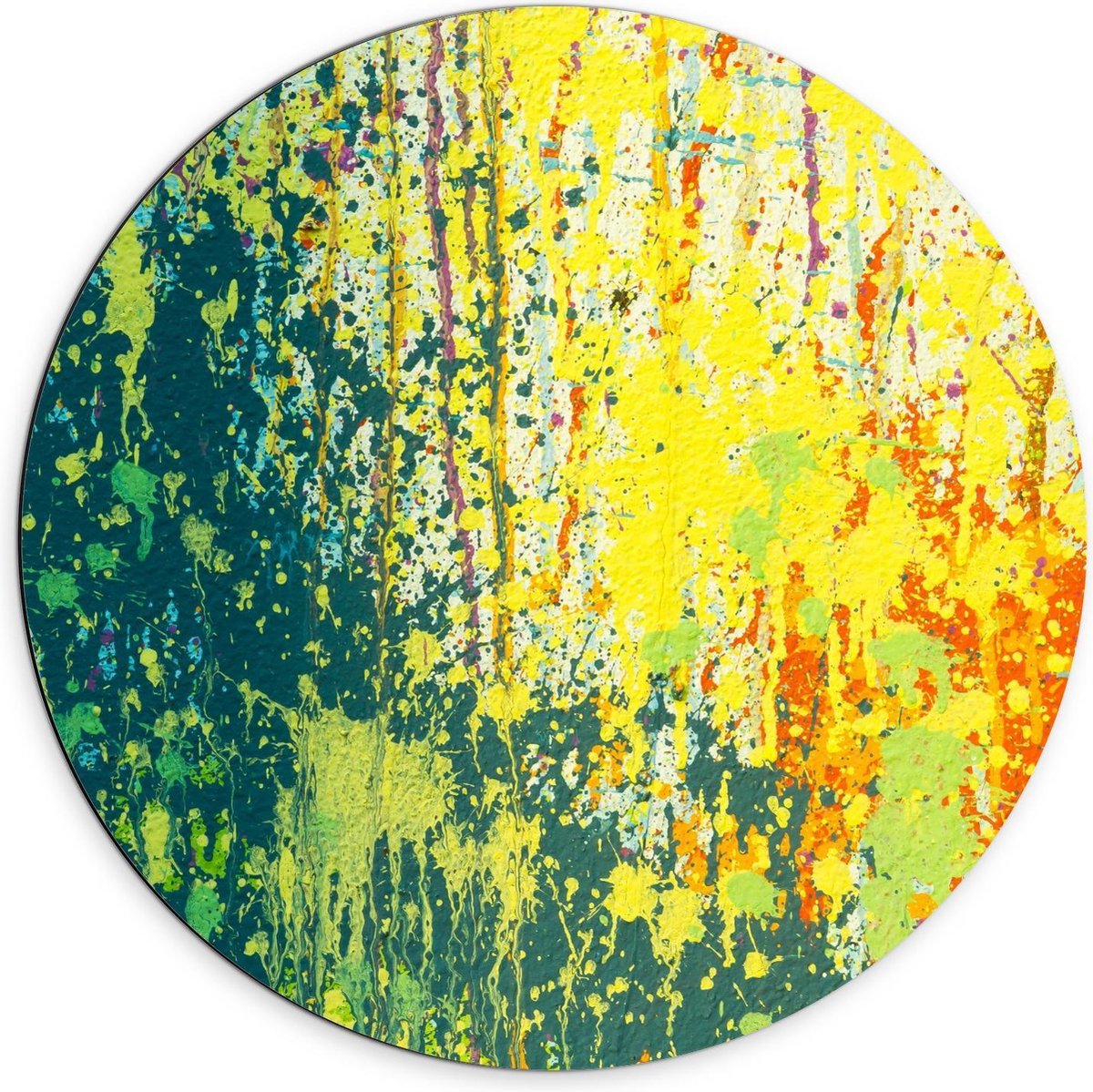 Dibond Wandcirkel - Abstract Schilderij met Verf Spetters - 70x70cm Foto op Aluminium Wandcirkel (met ophangsysteem)