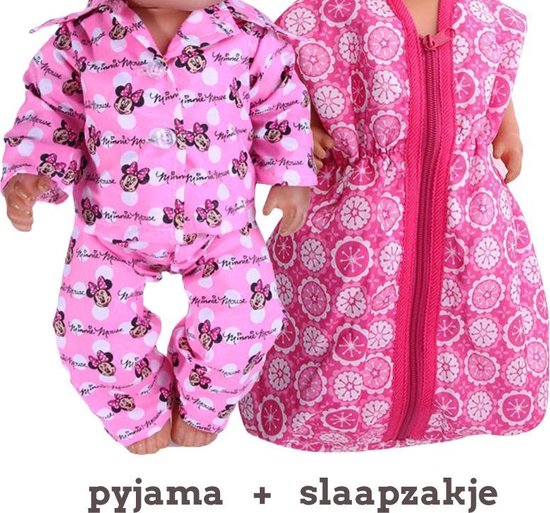 Isa's Friends - Poppenkleding - Pyjama Minnie Mouse + roze slaapzak - Kleertjes geschikt voor o.a. BABY born - 43cm