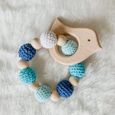 Babybeads - Houten bijtring vogel - Blauwtinten met wit