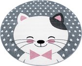 Rond KinderTapijt schattige kat Grijs-roze-Wit