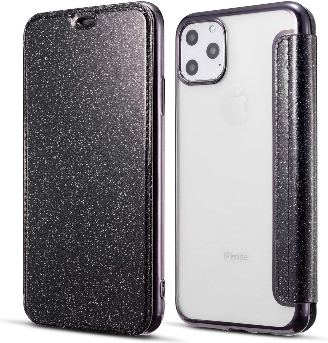 Geschikt voor Apple iPhone 12 Pro Flip hoesje - Zwart - Folio Glitter