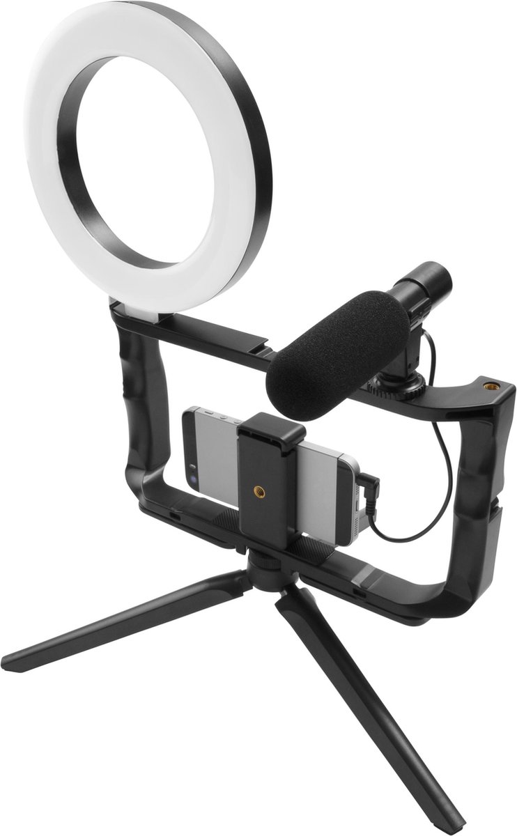 Gadget Monster Vlogging Kit - LED Ring - Frame - Tripod voor Smartphone/Camera - Microfoon - Black
