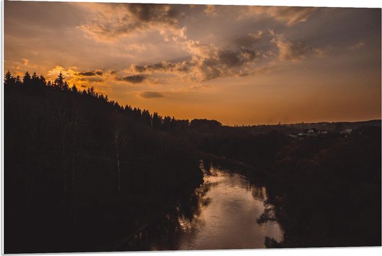 Forex - Bos bij de Zonsondergang met Rivier - 90x60cm Foto op Forex