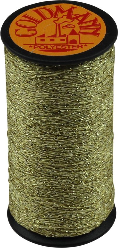 Gouden garenspoel met zwart en oranje label van Goldmann, met de tekst 'Polyester'.