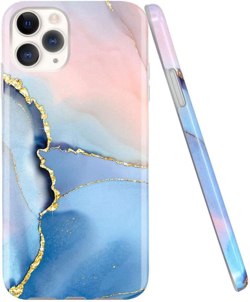 Geschikt voor Apple iPhone 12 Pro Backcover - Blauw / Roze - Marmer - Soft TPU hoesje