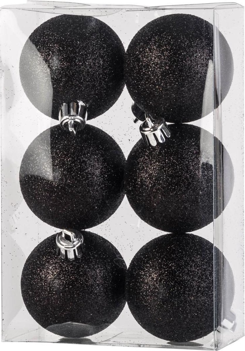 12x Zwarte kunststof kerstballen 6 cm Glitter Onbreekbare