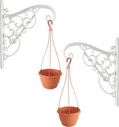 2x Stuks witte Akant sierlijke bloempothangers/bloempot haak met hangende bloempot terracotta 2 liter - Tuindecoratie
