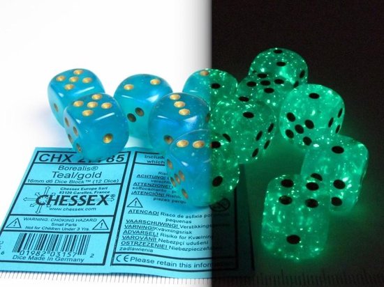 Chessex Borealis Würfelblock – 12x 16mm D6 Würfel In Teal/Gold 'Luminary'