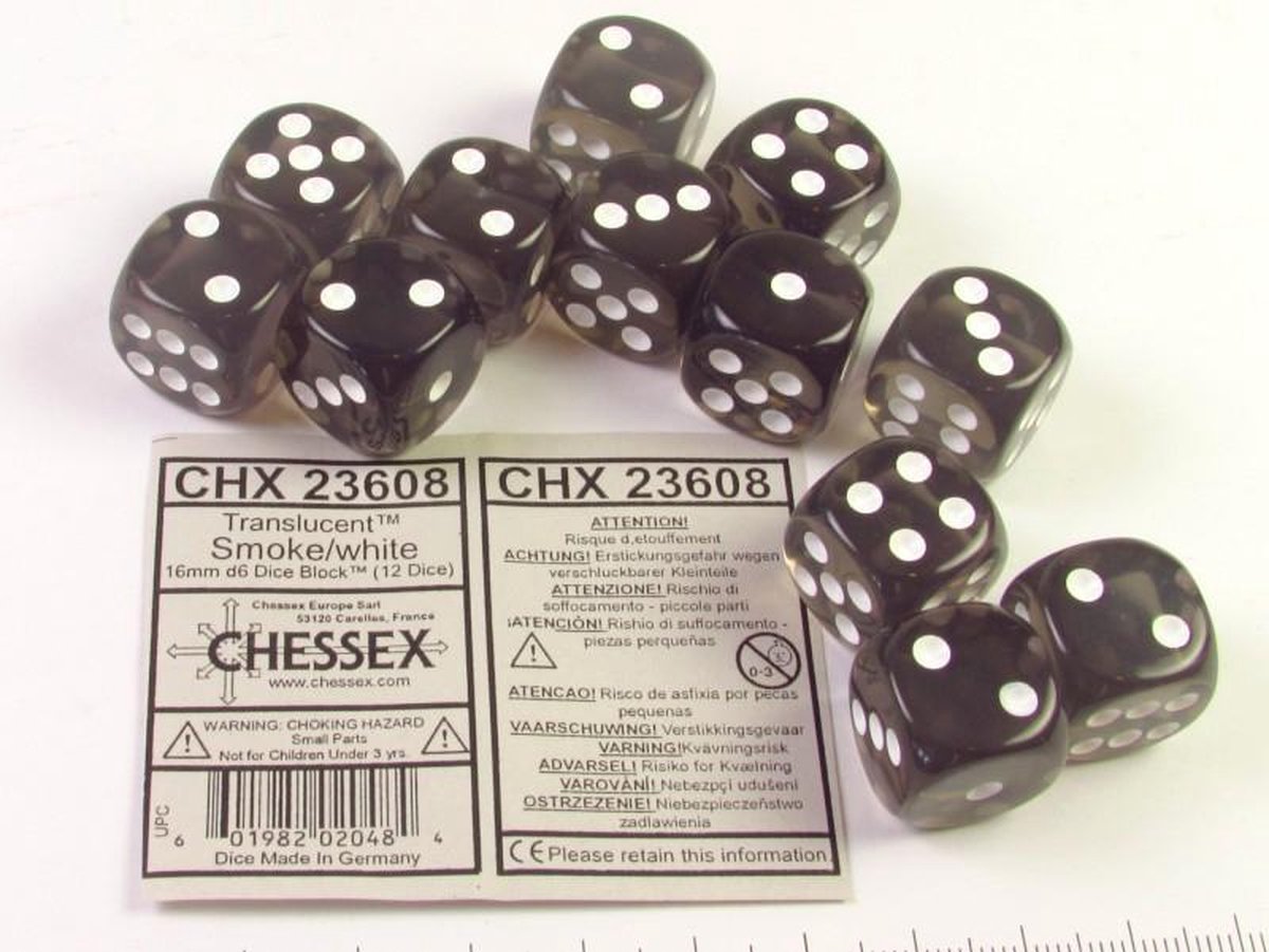 Chessex Doorschijnend Rook/wit D6 16mm Dobbelsteen Set (12 stuks)