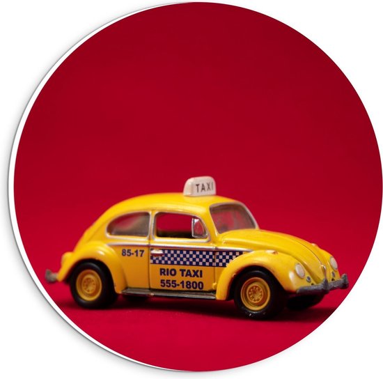 Forex Wandcirkel - Miniatuur Gele Taxi - 20x20cm Foto op Wandcirkel (met ophangsysteem)
