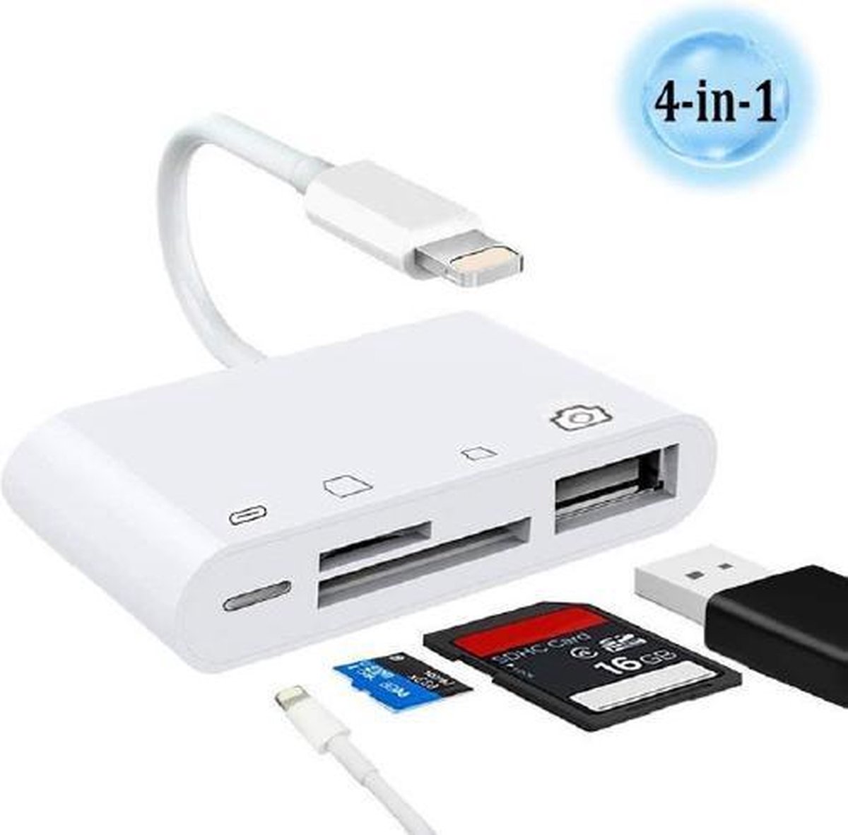 Apple iPhone / iPad Cardreader 4 in 1 - SD-Kaart / MicroSD kaart / USB / Lightning connector - Kaartlezer voor iPhone en iPad - Merkloos