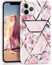Apple iPhone 12 Pro Max Backcover - Wit - Roze - Marmer - Bloemen - Soft TPU