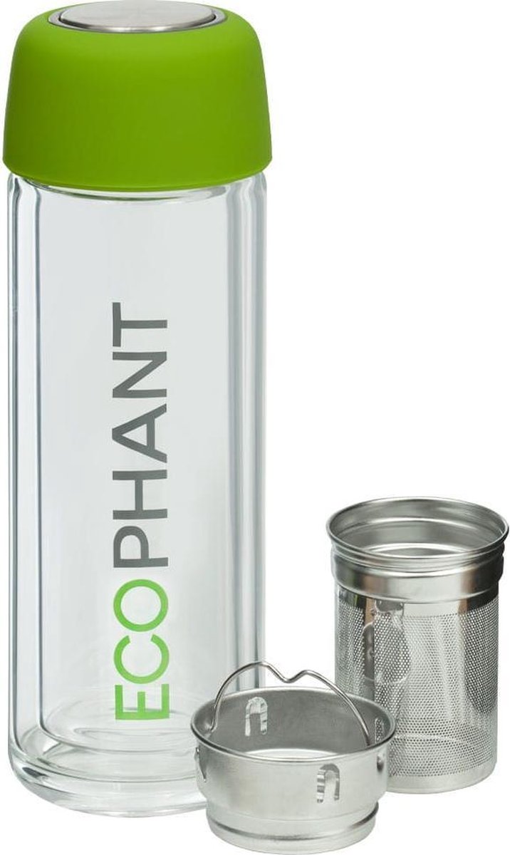 Ecophant Tea-To-Go Bottle - Dubbelwandige theebeker – Drinkfles voor losse thee – Met RVS infuser – Inclusief Thee Zeef – Glas - 330 ml