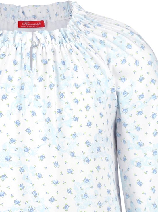 Exclusief Luxueus Kinder nachtkleding Luxe mooi zacht blauwe Girly Nachthemd van Hanssop met verfijnde rand details en luxe hals verwerking, Meisjes nachthemd, zacht blauwe bloem print, maat 116