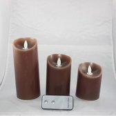 Set van drie Led Kaarsen Bruin op batterijen met bewegende vlam en afstandsbediening