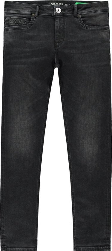 Donkergrijze jeans met lichte wassing en merkopdruk op de zak.