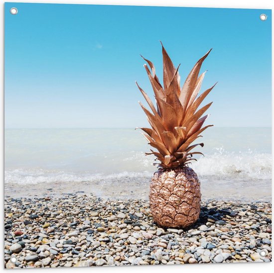 Tuinposter – Gouden Ananas bij Zee - 80x80cm Foto op Tuinposter  (wanddecoratie voor buiten en binnen)