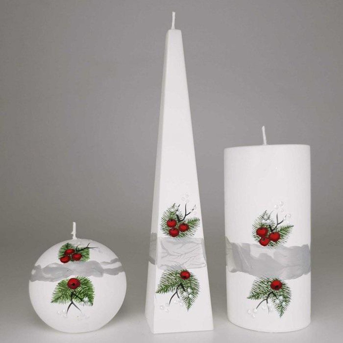 Jakelis Kaarsen - Set Handgeschilderd - hulst met besjes -kerst - kerstverlichting Wit / rood/ groen