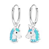 Joy|S - Zilveren eenhoorn oorbellen unicorn oorringen blauw/ turquoise wit