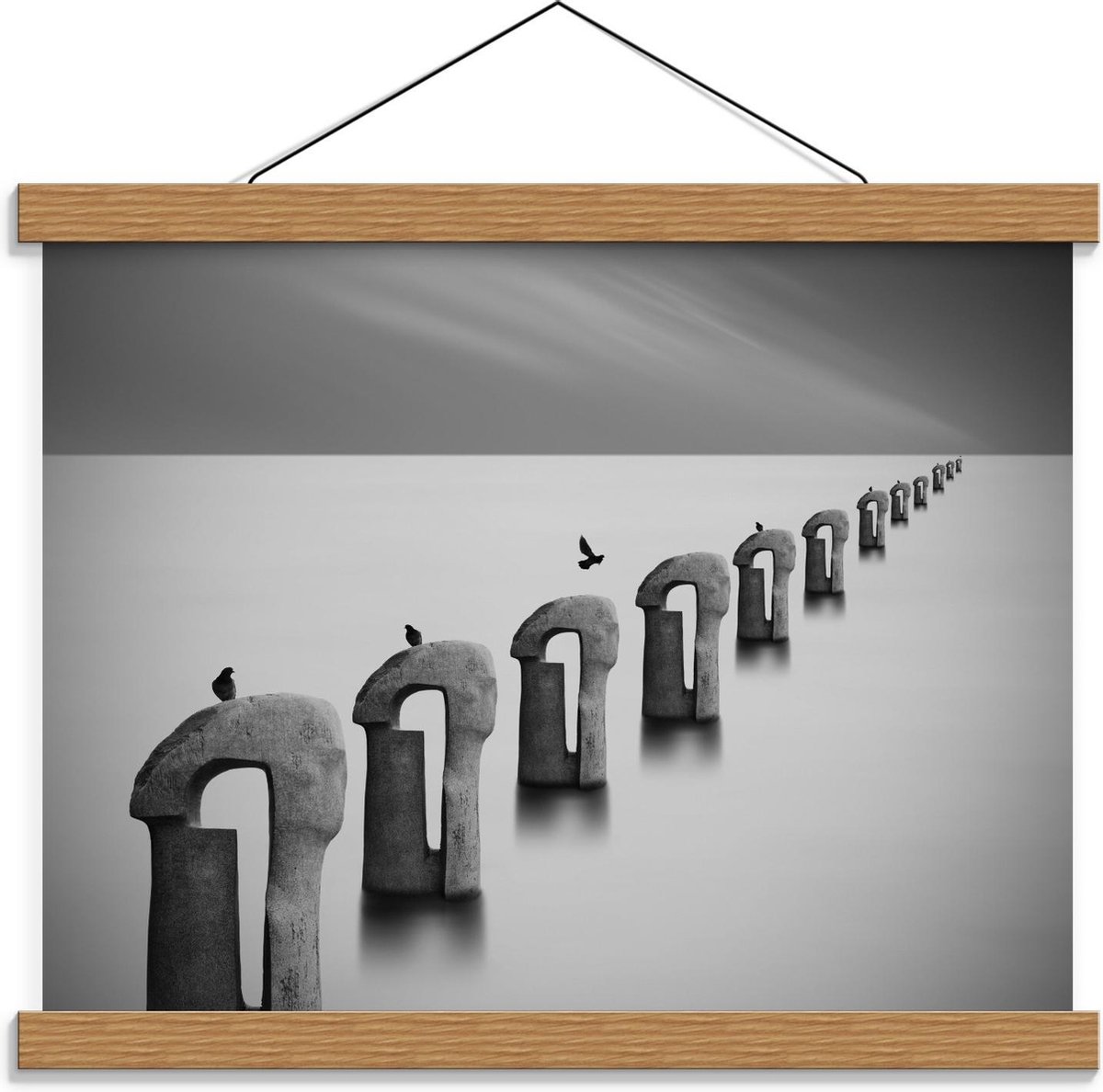 Schoolplaat – Vogels op Betonnen Palen ( Zwart Wit ) - 40x30cm Foto op Textielposter (Wand
