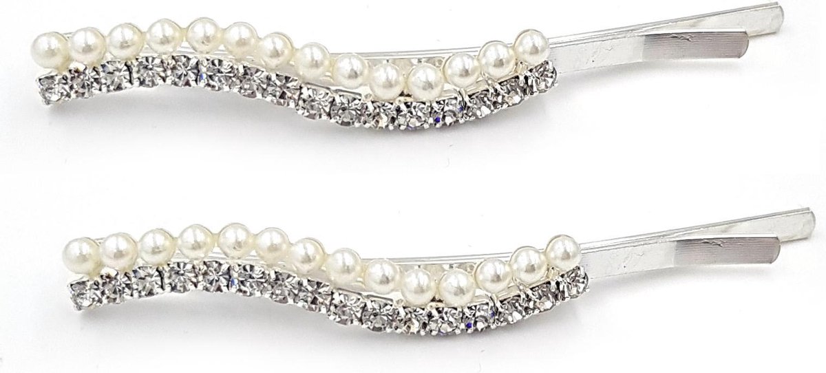Set van 2 zilverkleurige haarschuifjes met pareltjes en strass - golf model bruidskapsel