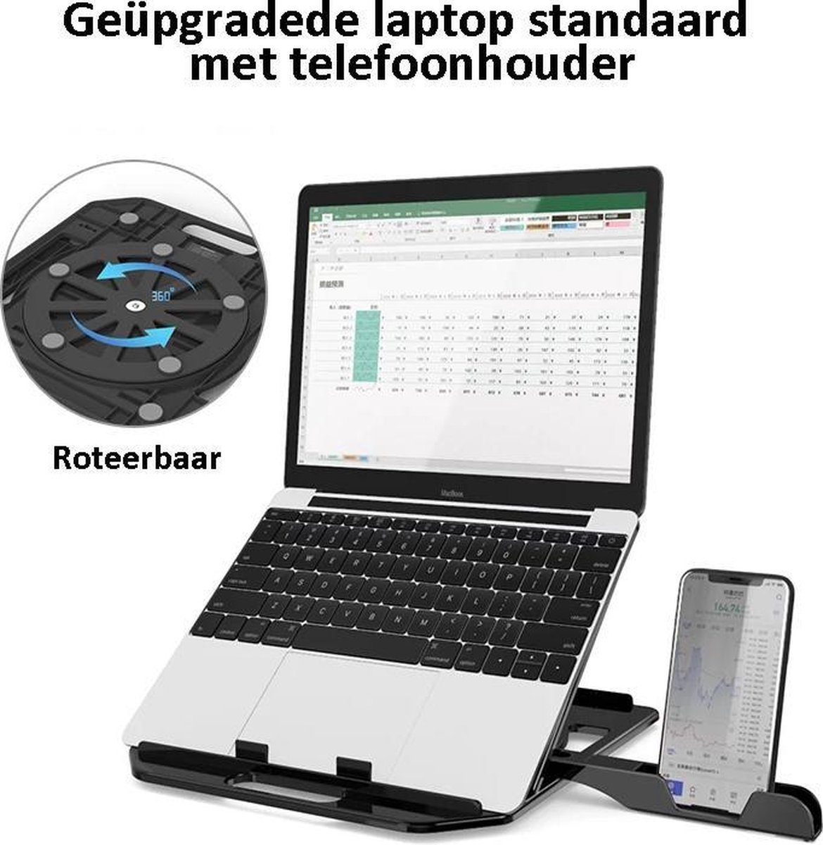 Ergonomische Laptop Standaard met Telefoonhouder - Notebookstandaard - Laptop Stand - Laptophouder - Tablethouder - 10-17 inch Universele Verstelbare Laptopstandaard - Lichtgewicht - Ultra Dun - 360º Roteerbaar - Anti-slip