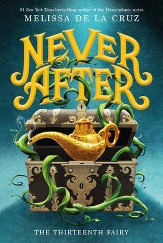 Boek "Never After" met een schatkist, een gouden lamp en groene ranken.
