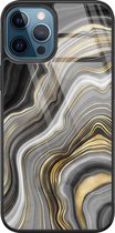 iPhone 12 hoesje glas - Marble agate - Hard Case - Zwart - Backcover - Marmer - Goud