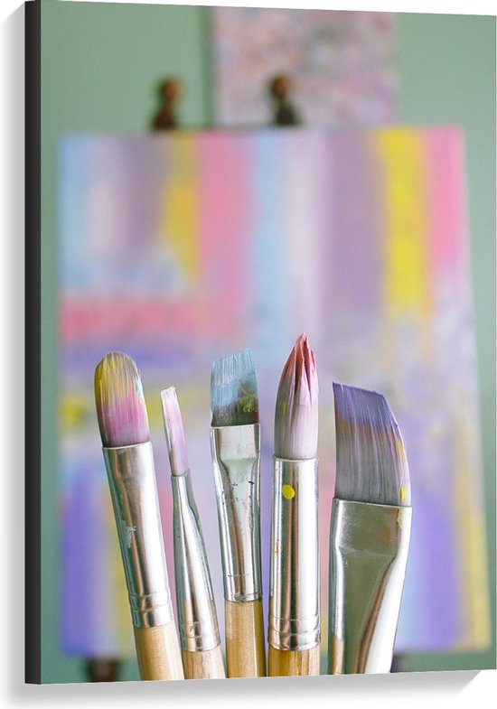 Canvas  - Pastelkleurige Kwasten met een Beschilderd Doek - 60x90cm Foto op Canvas Schilderij (Wanddecoratie op Canvas)