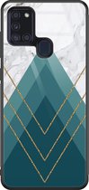 Samsung A21s hoesje glas - Geometrisch blauw - Hard Case - Zwart - Backcover - Print / Illustratie - Blauw