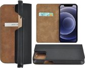 iPhone 12 Mini hoesje - Bookcase - Portemonnee Hoes Ultra dun Echt leer Wallet case Zwart