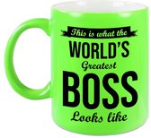 Worlds Greatest Boss cadeau koffiemok / theebeker neon groen 330 ml