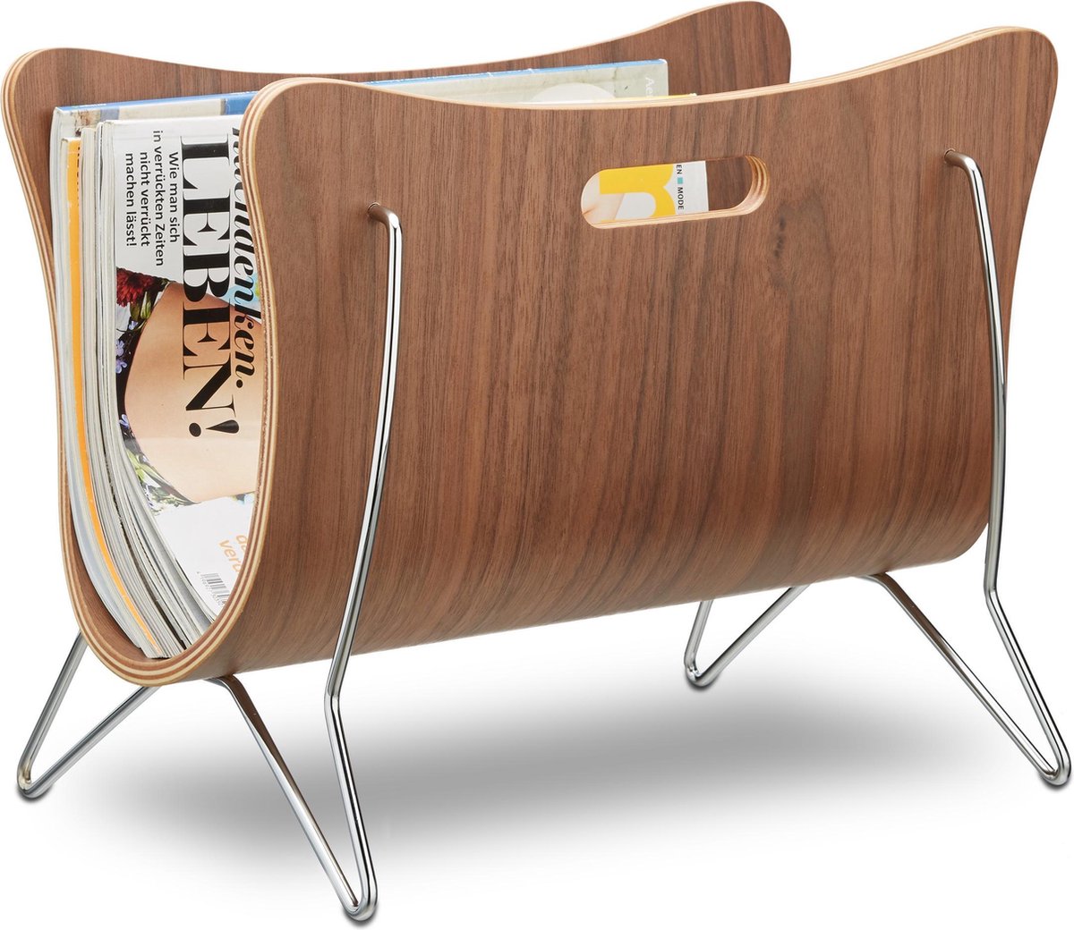 Relaxdays lectuurbak hout tijdschriftenhouder met handvaten krantenbak design metaal