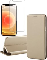 Hoesje geschikt voor iPhone 12 Pro Max - Screen Protector GlassGuard - Book Case Leer ThinShield Goud & Screenprotector