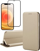 Hoesje geschikt voor iPhone 12 Pro Max - Screen Protector FullGuard - Book Case Leer ThinShield Goud & Screenprotector