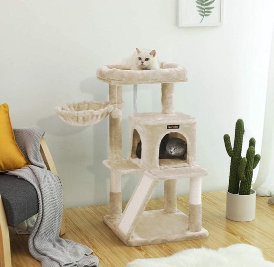 Krabpaal voor katten - Kattenhuis - Kattenmand - Fluweel - Beige - 48x48x96