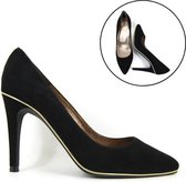 Stravers - Exclusieve Puntige Pumps Maat 43 Grote Maten Hoge Hakken Zwart Suede Goud Randje