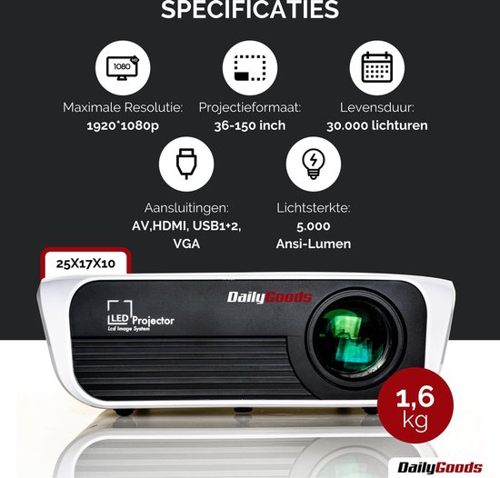 Dailygoods Beamer - Projector - 5000 Lumen - Full HD - WIFI - Digitale Keystone - Draadloos Koppelen met Smartphone - Dailygoods